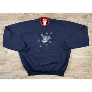 Vintage Top Stitch Sz XL Blue Embroidered Christmas Tree Pullover Sweater‎ Y2K